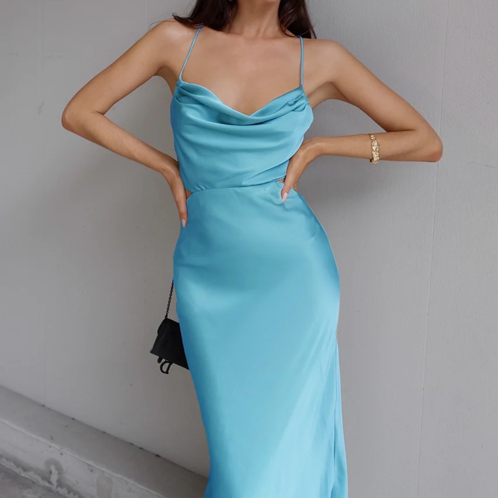 XS Aqua Blue Cowlneck Satin Slip Dress